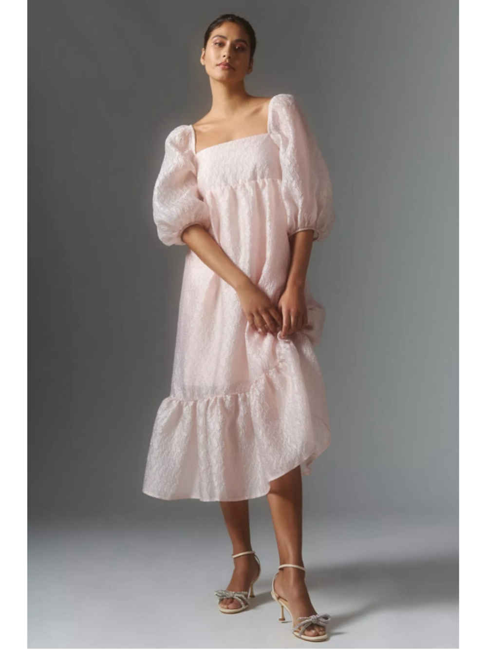 Anthropologie Textured Puff Sleeve Midi Dress Blush XS Shimmer Fairy Ethereal